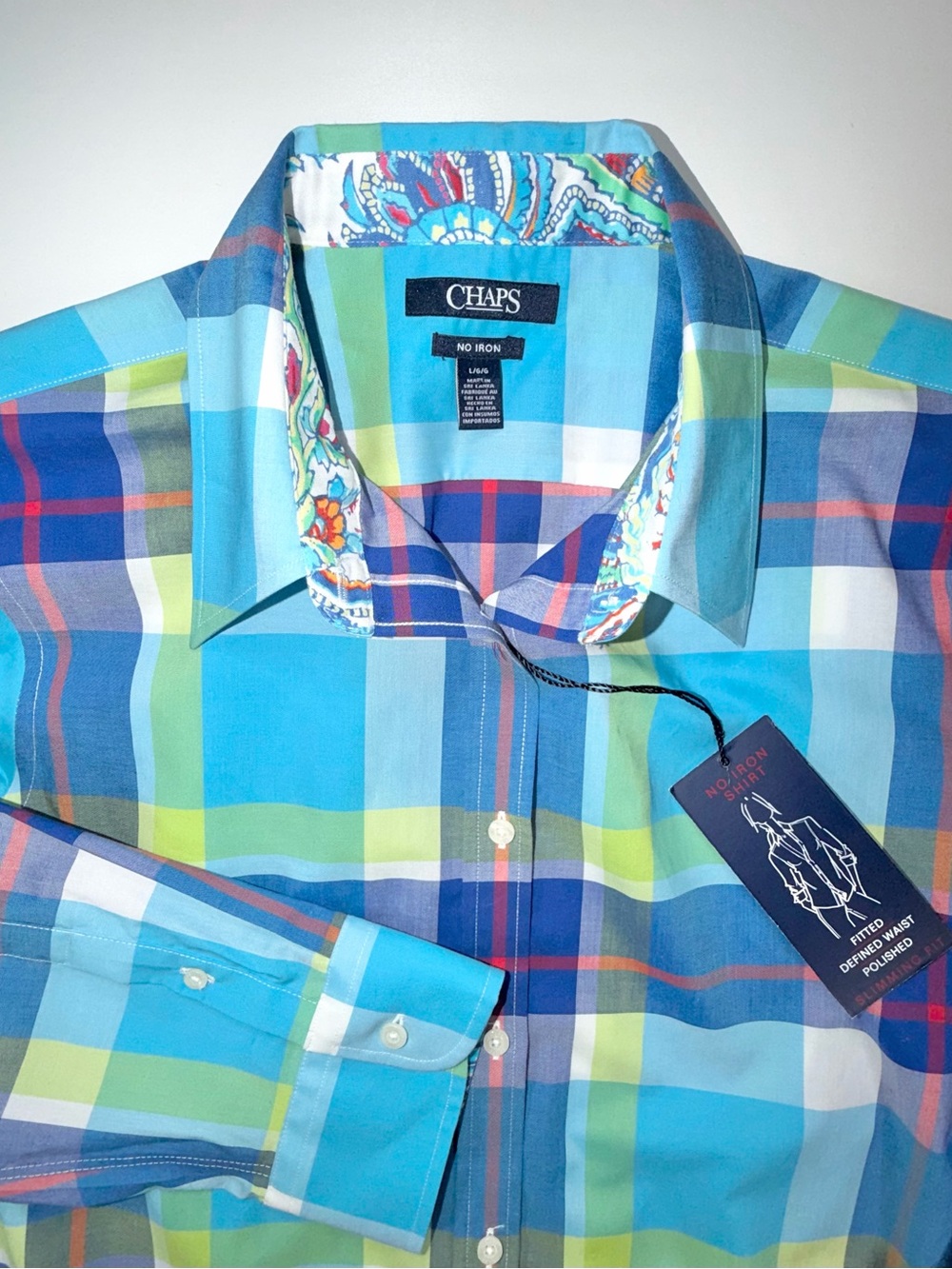 Chaps NO IRON Button Up Shirt Blue Plaid Top 3/4 Sleeve Women Sz Large ~ NWT - Picture 3 of 11
